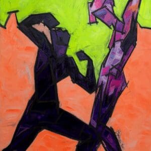 Abstract figures dancing on vibrant background.