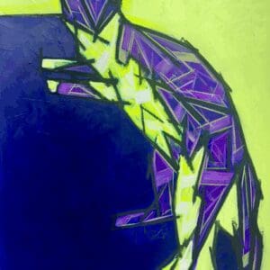 Abstract geometric cat in purple and yellow.