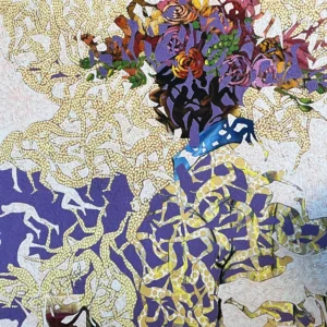 Abstract figure with vibrant floral headpiece.