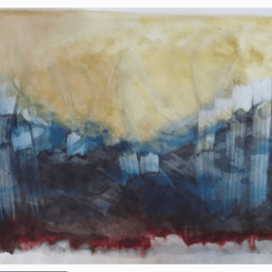 Abstract painting with blue, yellow, and red.