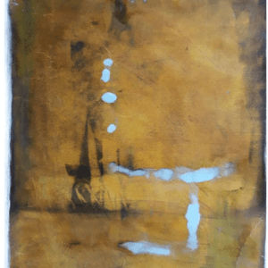 Abstract painting with brown and blue tones.
