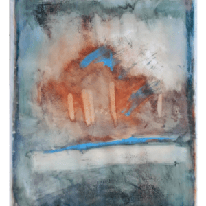 Abstract painting with blue and orange tones.