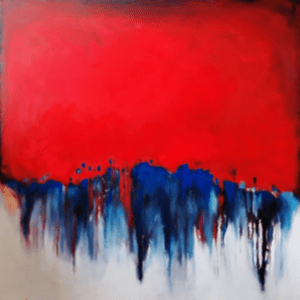 Abstract painting with red and blue drips.