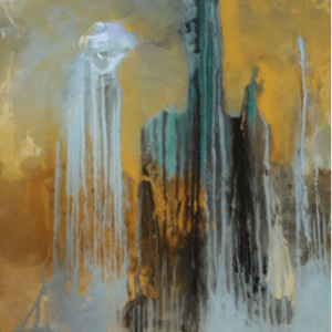 Abstract painting with vertical streaks and colors.