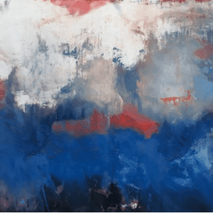 Abstract painting with red, white, blue hues.