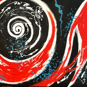 Abstract spiral with red and blue splatters.