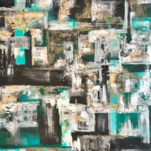 Abstract geometric painting with teal accents.