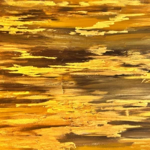Abstract painting with yellow and brown strokes.