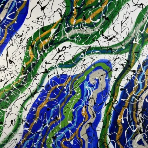 Abstract painting with green and blue swirls.