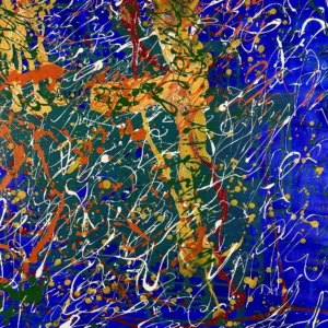 Abstract painting with vibrant colors and patterns.
