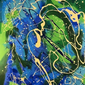 Abstract painting with blue and green splashes.