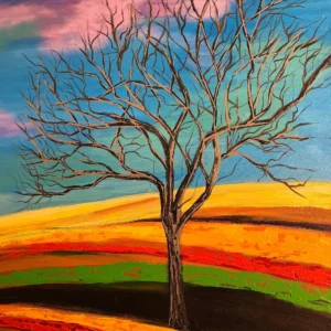 Colorful landscape painting with a bare tree.