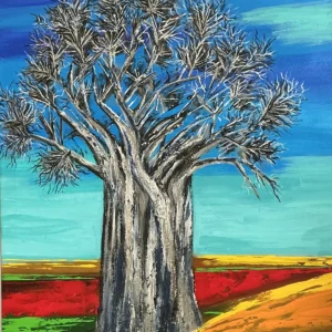 Colorful painting of a large baobab tree.