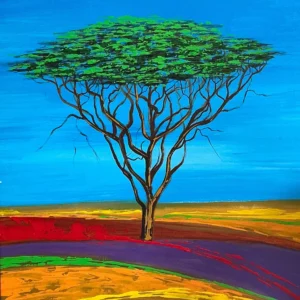 Colorful landscape painting with single tree.