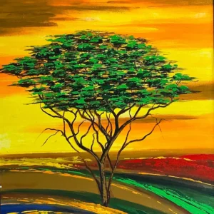 Colorful landscape painting with solitary tree.