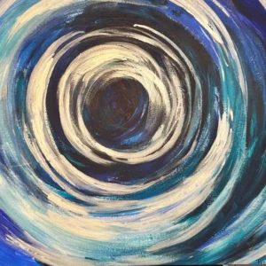 Abstract blue and white swirling vortex painting.