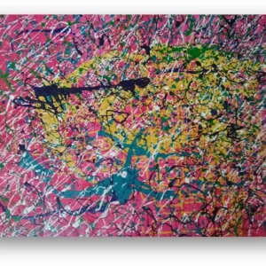 Abstract colorful splatter painting on canvas.