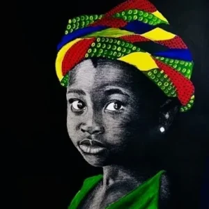 Child wearing colorful headwrap and green clothing.
