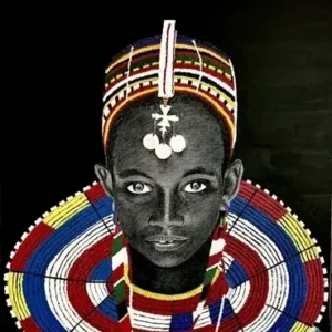 Person in colorful traditional attire and headdress.