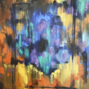 Abstract painting with vibrant blue and orange.