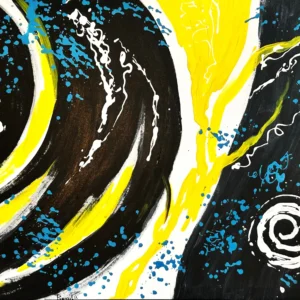 Abstract painting with bold swirls and colors.