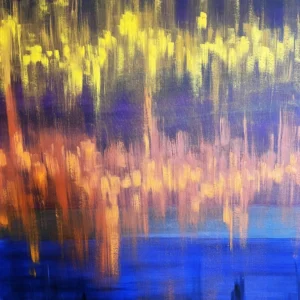 Abstract painting with vibrant yellow and blue.