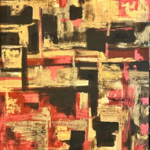 Abstract painting with red, black, and yellow.